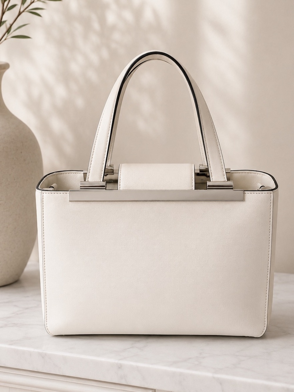 Michael Kors White Leather Structured Tote Satchel Shoulder Bag Silver Hardware